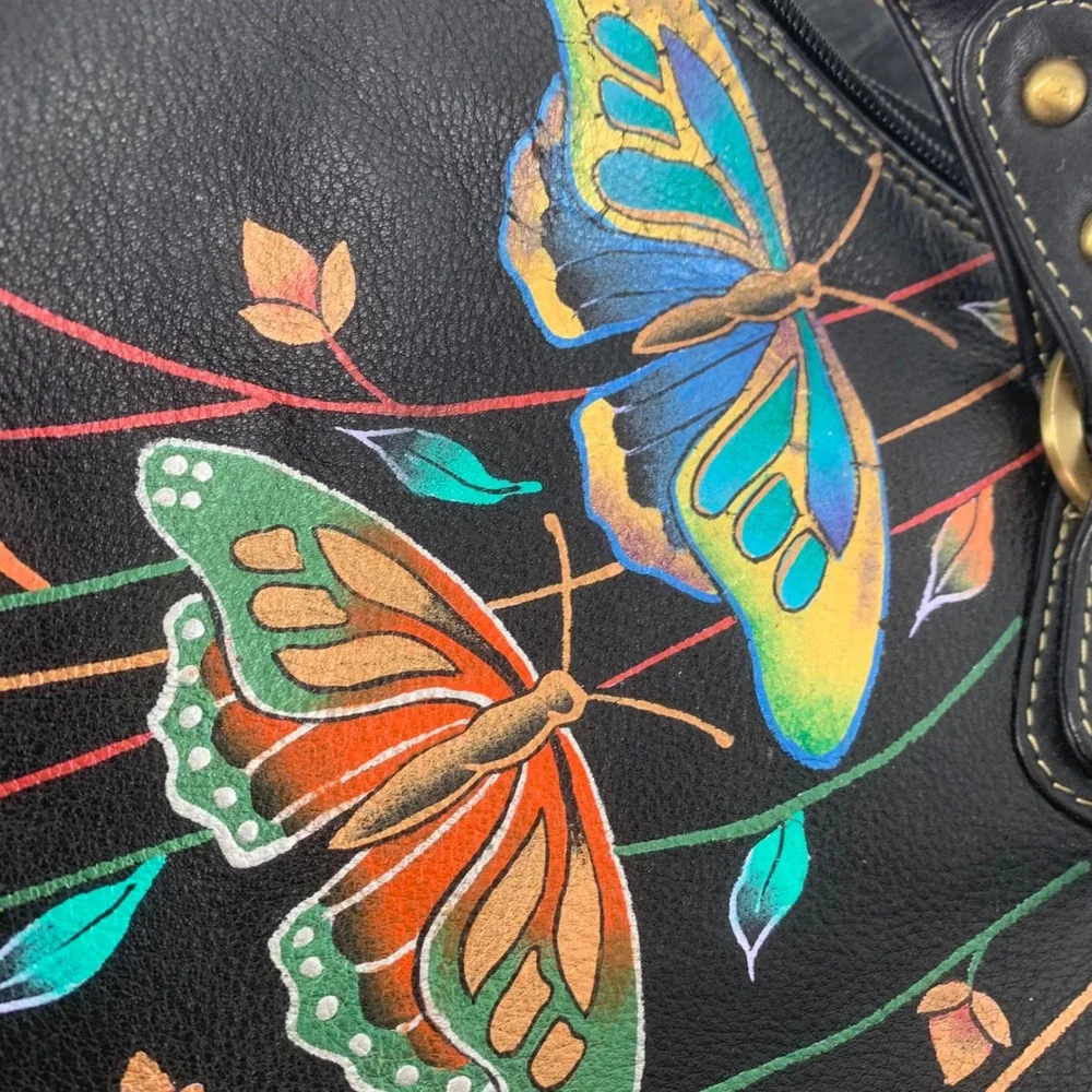 Anuschka Hand Painted Leather Butterfly Satchel Bag Black Floral NWT